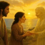 Cena realista ao pôr do sol, com uma figura representando Jesus observando uma mulher em diálogo com uma figura etérea, simbolizando o espírito de sua mãe, à beira-mar com aves voando e montanhas ao fundo.