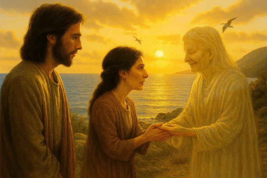 Cena realista ao pôr do sol, com uma figura representando Jesus observando uma mulher em diálogo com uma figura etérea, simbolizando o espírito de sua mãe, à beira-mar com aves voando e montanhas ao fundo.
