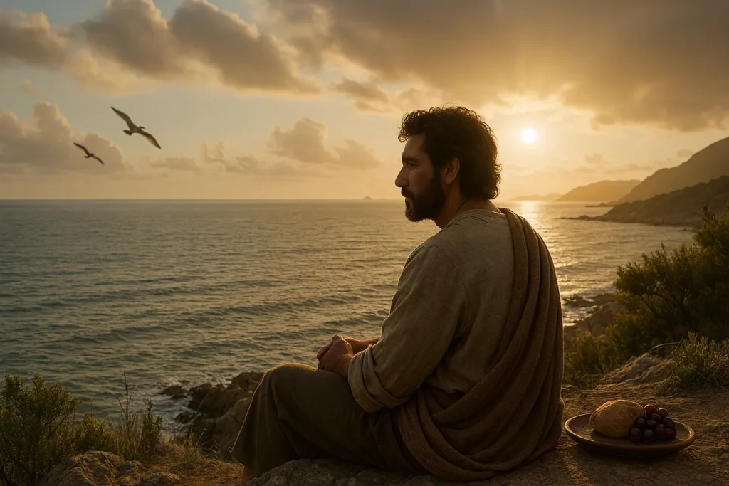 Pessoa contemplando o pôr do sol à beira-mar com pão e uvas, aves no céu e montanhas ao fundo.