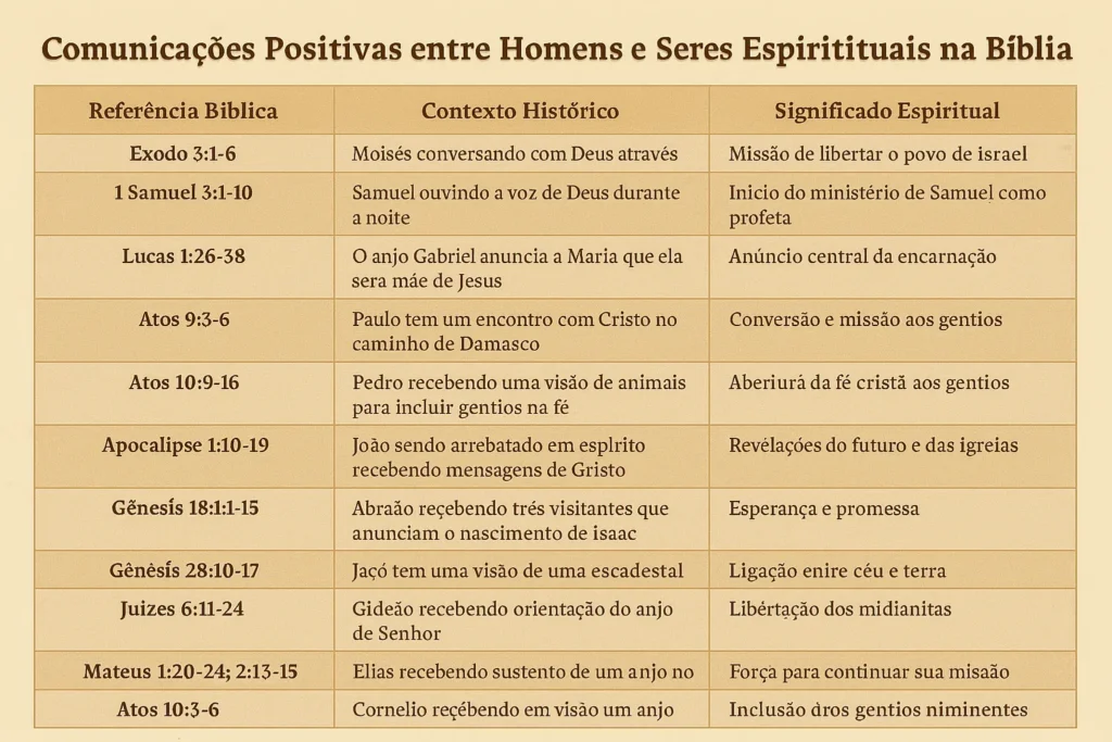 Tabela com referências bíblicas, contexto histórico e significado espiritual sobre comunicações positivas entre homens e seres espirituais, em fundo bege com tipografia clássica.