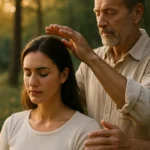 Uma representação visual da energia espiritual fluindo pelas mãos de um passista, em meio a um ambiente sereno, simbolizando o acolhimento e a cura promovidos pelo passe espírita. benefícios do passe espírita como funciona o passe espírita tipos de passe espiritual energia espiritual no espiritismo prática do passe em centros espíritas