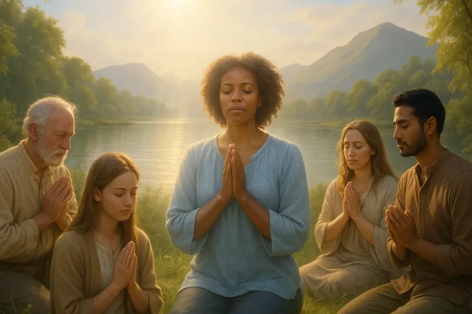 Uma imagem realista mostra cinco pessoas em oração à beira de um lago ao entardecer, simbolizando a força espiritual e a serenidade da Prece de Cáritas.