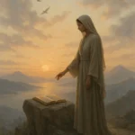 Uma paisagem serena com elementos da natureza e uma figura contemplando o horizonte, representando a conexão espiritual profunda evocada pelo Alcorão.