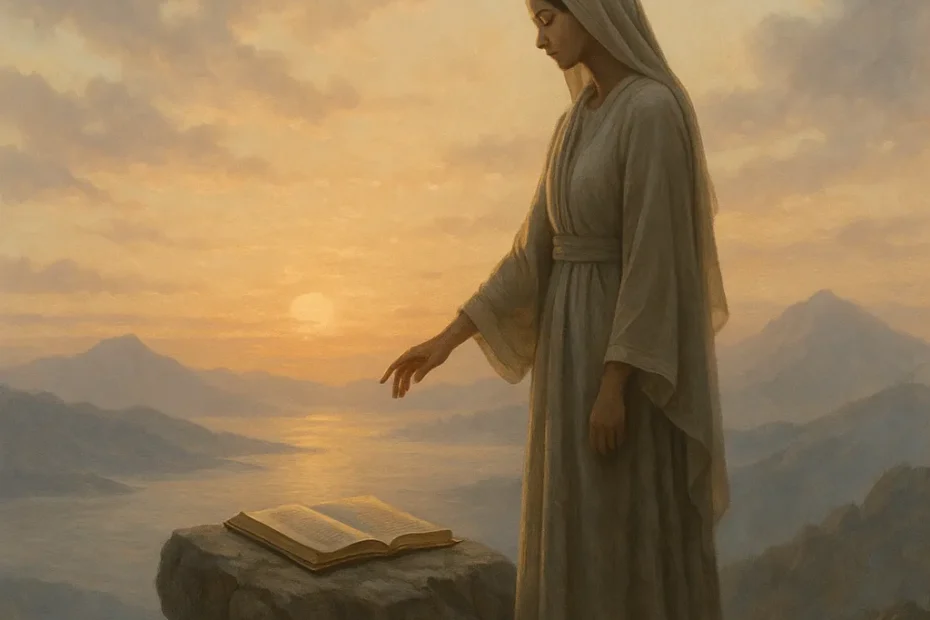 Uma paisagem serena com elementos da natureza e uma figura contemplando o horizonte, representando a conexão espiritual profunda evocada pelo Alcorão.