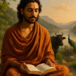 Figura contemplativa em meio à natureza, refletindo serenidade e busca espiritual, com elementos simbólicos que remetem ao diálogo da Bhagavad Gita entre Arjuna e Krishna.