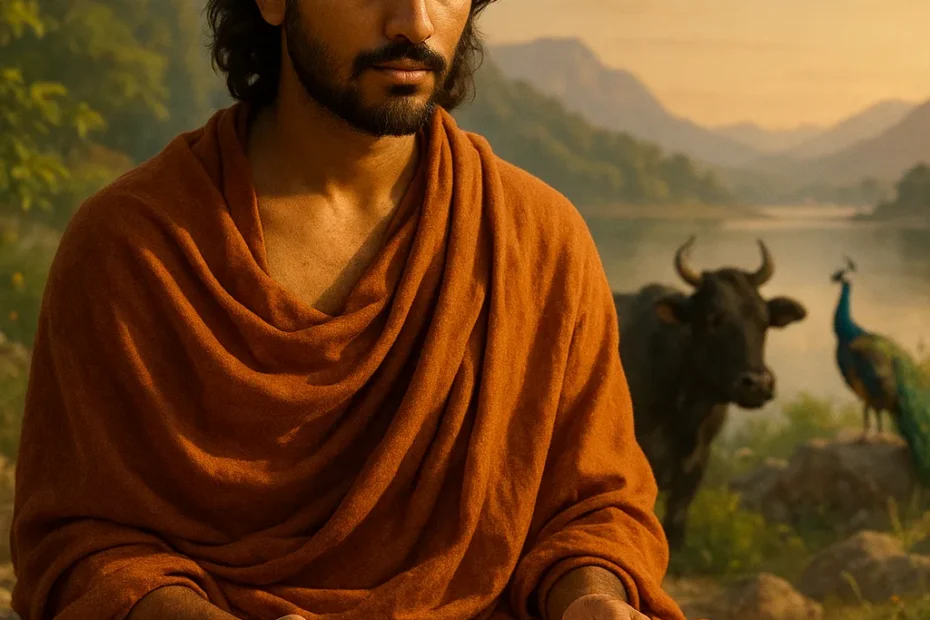 Figura contemplativa em meio à natureza, refletindo serenidade e busca espiritual, com elementos simbólicos que remetem ao diálogo da Bhagavad Gita entre Arjuna e Krishna.