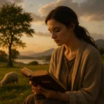 Representação naturalista e contemplativa da conexão humana com a Bíblia, com elementos simbólicos que evocam fé, sabedoria e espiritualidade atemporal.