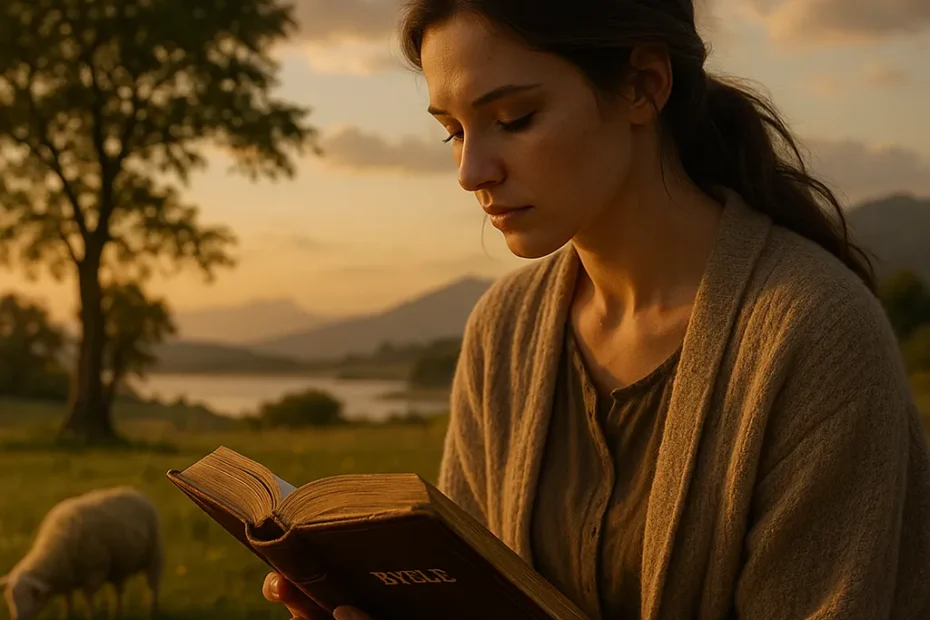 Representação naturalista e contemplativa da conexão humana com a Bíblia, com elementos simbólicos que evocam fé, sabedoria e espiritualidade atemporal.
