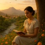 Cena natural de paz interior: uma mulher lendo em silêncio ao ar livre sob a luz dourada do entardecer — representação visual da conexão com o Evangelho Segundo o Espiritismo.