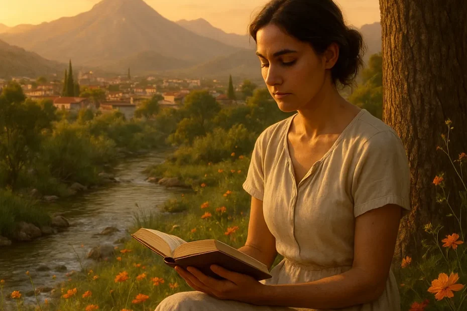 Cena natural de paz interior: uma mulher lendo em silêncio ao ar livre sob a luz dourada do entardecer — representação visual da conexão com o Evangelho Segundo o Espiritismo.