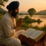 Um ambiente sereno com um devoto sikh em oração diante de um manuscrito sagrado, iluminado por luz suave em meio à natureza — representação da presença viva do Guru Granth Sahib.