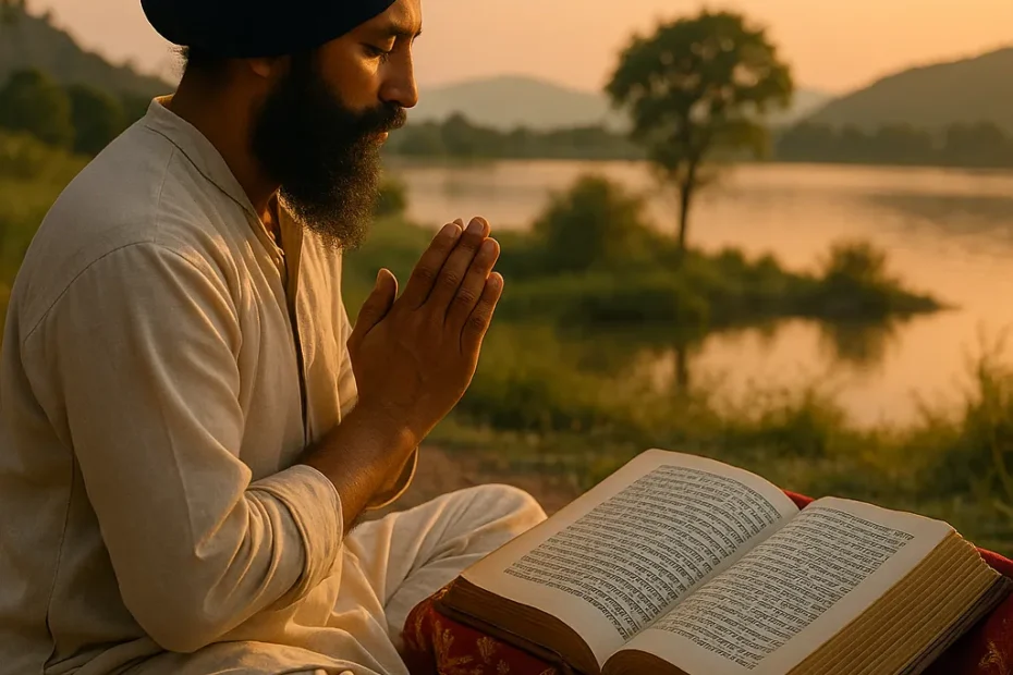 Um ambiente sereno com um devoto sikh em oração diante de um manuscrito sagrado, iluminado por luz suave em meio à natureza — representação da presença viva do Guru Granth Sahib.