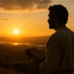 Homem contemplando o horizonte dourado ao entardecer, representando a busca espiritual guiada pelos ensinamentos do Kitáb-i-Aqdas — símbolo de luz, unidade e revelação divina.