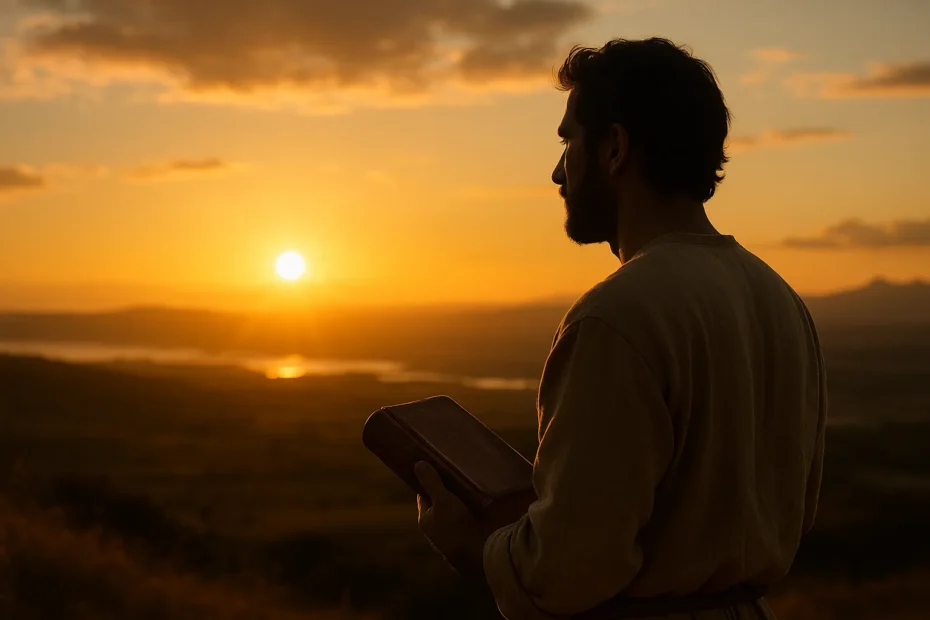 Homem contemplando o horizonte dourado ao entardecer, representando a busca espiritual guiada pelos ensinamentos do Kitáb-i-Aqdas — símbolo de luz, unidade e revelação divina.