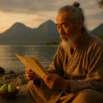 Uma representação serena e natural da filosofia do Tao Te Ching, simbolizando o equilíbrio entre o ser humano e a natureza, ideal para conteúdos espirituais e filosóficos.