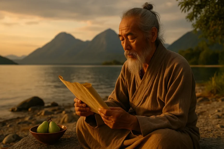 Uma representação serena e natural da filosofia do Tao Te Ching, simbolizando o equilíbrio entre o ser humano e a natureza, ideal para conteúdos espirituais e filosóficos.