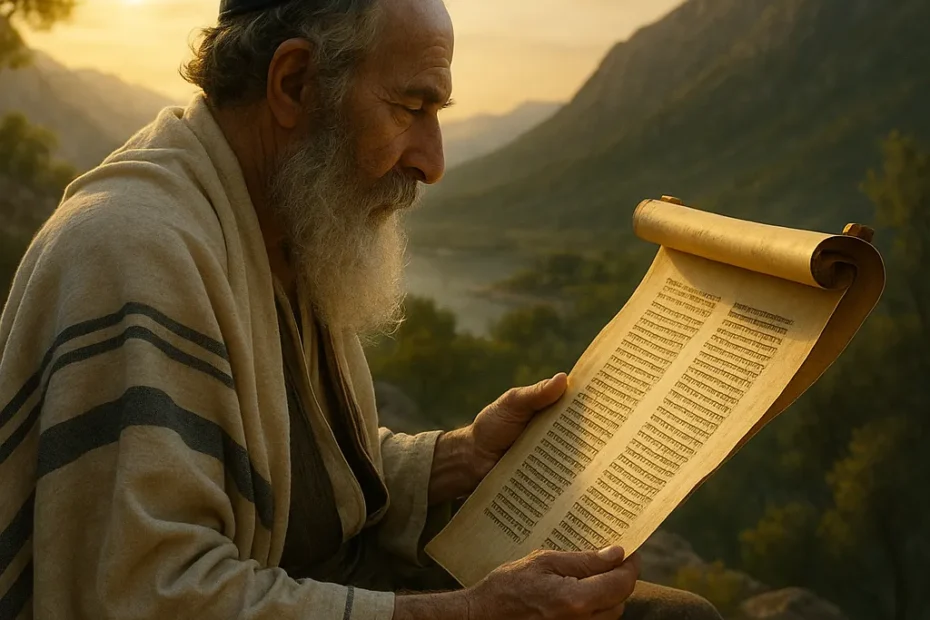 Paisagem contemplativa com uma figura lendo um pergaminho antigo à beira de uma montanha, representando a conexão espiritual e a sabedoria ancestral da Torá.