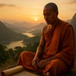 Um monge budista sentado em serenidade junto a um pergaminho antigo, cercado por uma paisagem montanhosa ao amanhecer — símbolo da sabedoria milenar do Tripitaka (Tipitaka).