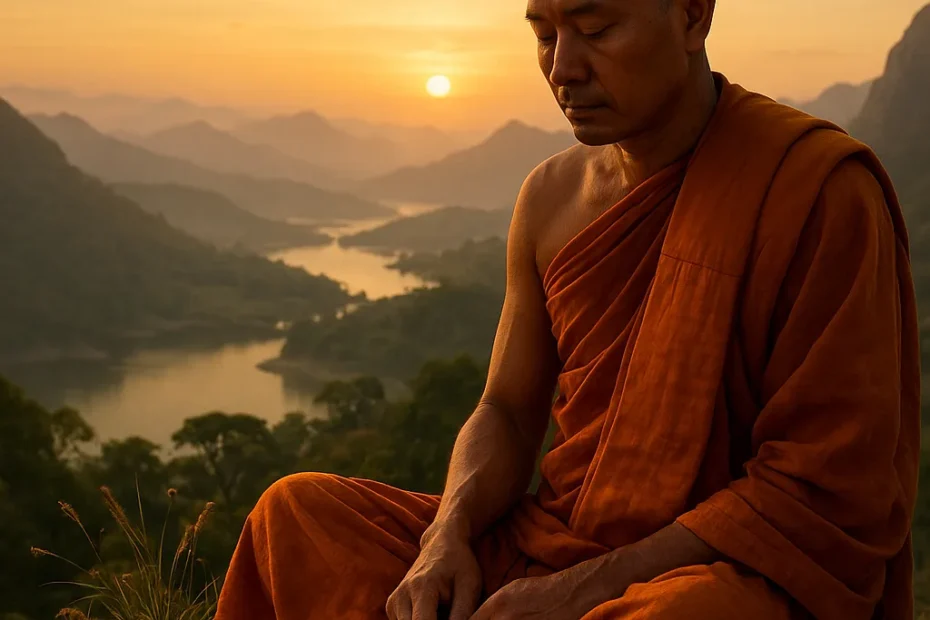 Um monge budista sentado em serenidade junto a um pergaminho antigo, cercado por uma paisagem montanhosa ao amanhecer — símbolo da sabedoria milenar do Tripitaka (Tipitaka).