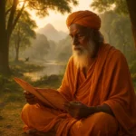 Cena serena na natureza com um sábio lendo um antigo manuscrito védico sob a luz dourada do amanhecer, representando sabedoria ancestral e contemplação espiritual.