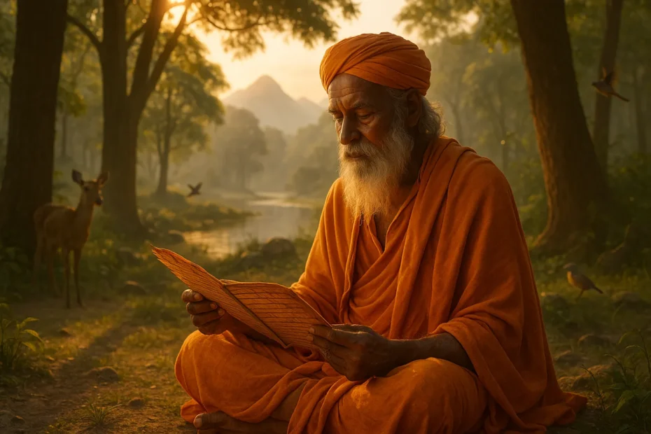 Cena serena na natureza com um sábio lendo um antigo manuscrito védico sob a luz dourada do amanhecer, representando sabedoria ancestral e contemplação espiritual.