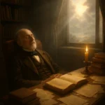 Representação visual da morte serena de Allan Kardec em seu gabinete, ilustrando com sensibilidade o momento em que o fundador do espiritismo deixa o plano terreno. Palavra-chave: Como Allan Kardec Morreu.