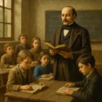 Representação realista de Allan Kardec antes do Espiritismo, em sala de aula, exercendo sua profissão de pedagogo. Imagem histórica que reforça a formação educacional do codificador do Espiritismo.