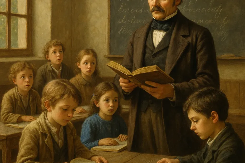 Representação realista de Allan Kardec antes do Espiritismo, em sala de aula, exercendo sua profissão de pedagogo. Imagem histórica que reforça a formação educacional do codificador do Espiritismo.