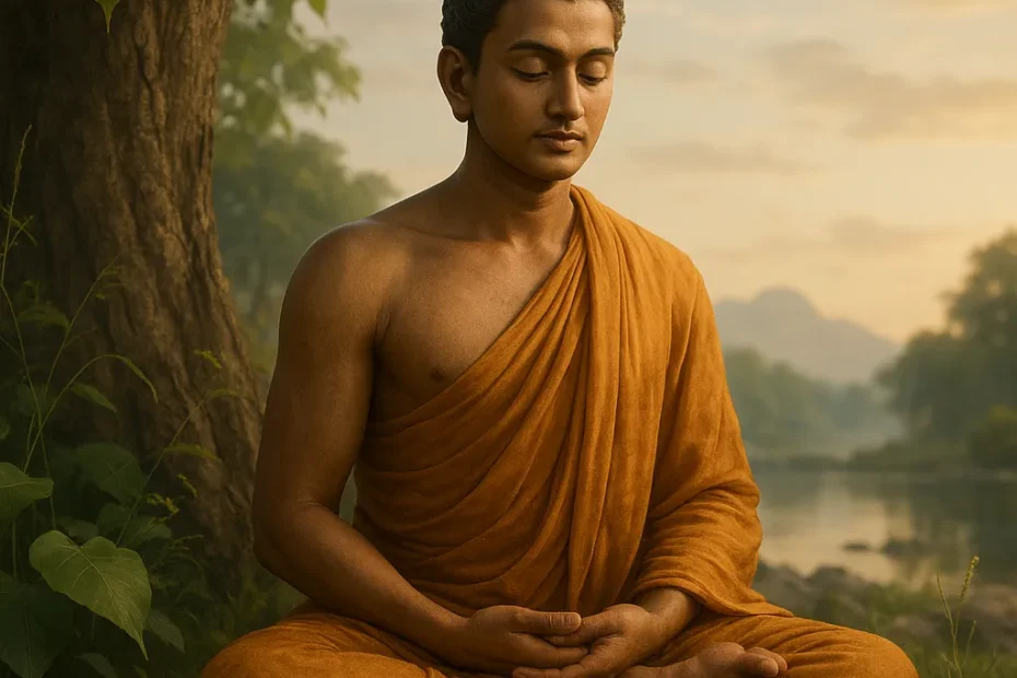 Representação simbólica de Buda (Siddhartha Gautama) em meio à natureza, refletindo sua busca pela iluminação e a serenidade de seu despertar espiritual.