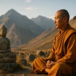 Imagem contemplativa representando o Budismo com elementos naturais, meditação e serenidade, ideal para ilustrar conteúdos sobre autoconhecimento e espiritualidade budista.