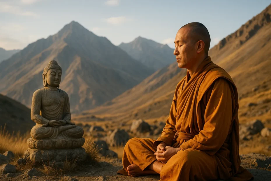 Imagem contemplativa representando o Budismo com elementos naturais, meditação e serenidade, ideal para ilustrar conteúdos sobre autoconhecimento e espiritualidade budista.