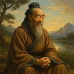 Representação realista e contemplativa de Confúcio em meio à natureza, simbolizando sabedoria, ética e harmonia com os princípios da moral ancestral chinesa.