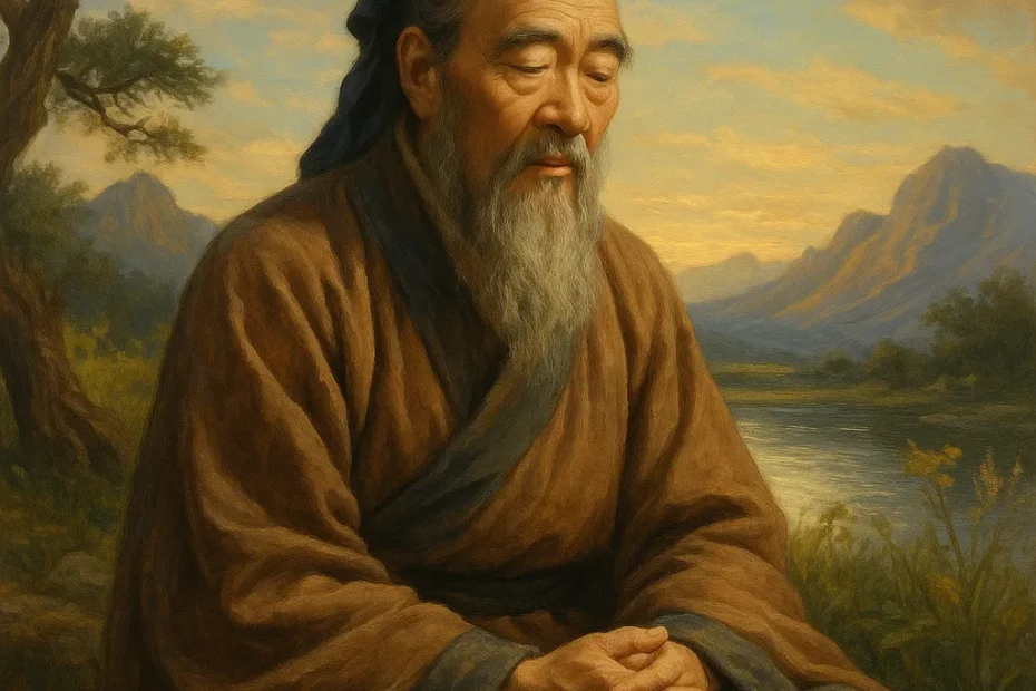 Representação realista e contemplativa de Confúcio em meio à natureza, simbolizando sabedoria, ética e harmonia com os princípios da moral ancestral chinesa.