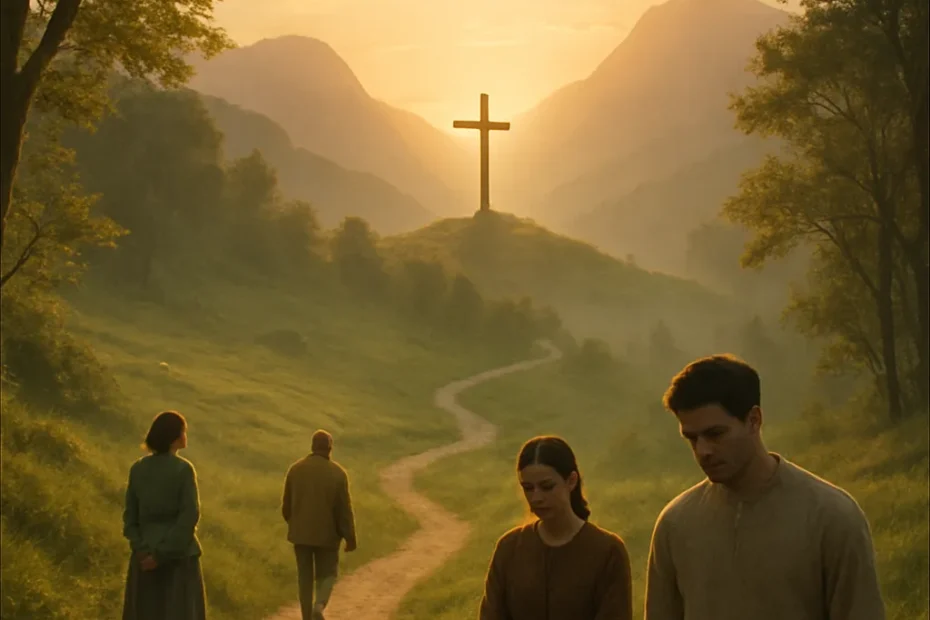 Representação simbólica e serena do Cristianismo como caminho espiritual, com elementos da natureza e pessoas em contemplação, ideal para ilustrar artigos sobre fé e espiritualidade.