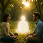 Representação simbólica do espiritismo: conexão entre natureza, seres humanos e espírito de luz, em harmonia com a evolução espiritual.