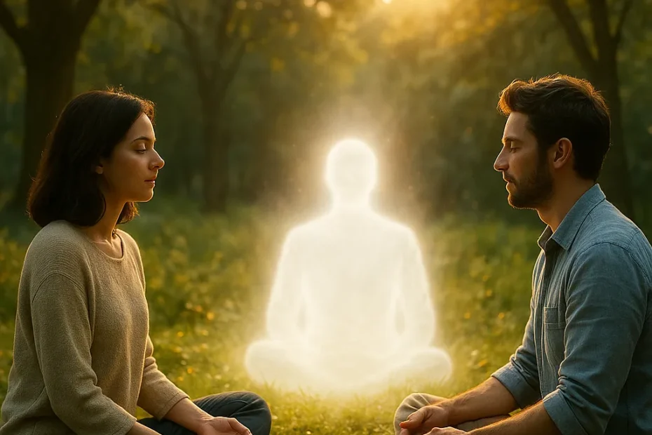 Representação simbólica do espiritismo: conexão entre natureza, seres humanos e espírito de luz, em harmonia com a evolução espiritual.