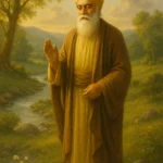 Representação vívida e espiritual de Guru Nanak em meio à natureza, irradiando serenidade, sabedoria e conexão com o divino.
