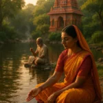 Imagem realista que representa a espiritualidade do Hinduísmo, com elementos da natureza, cores vibrantes e pessoas em meditação ou oferenda, refletindo a essência dessa tradição milenar.