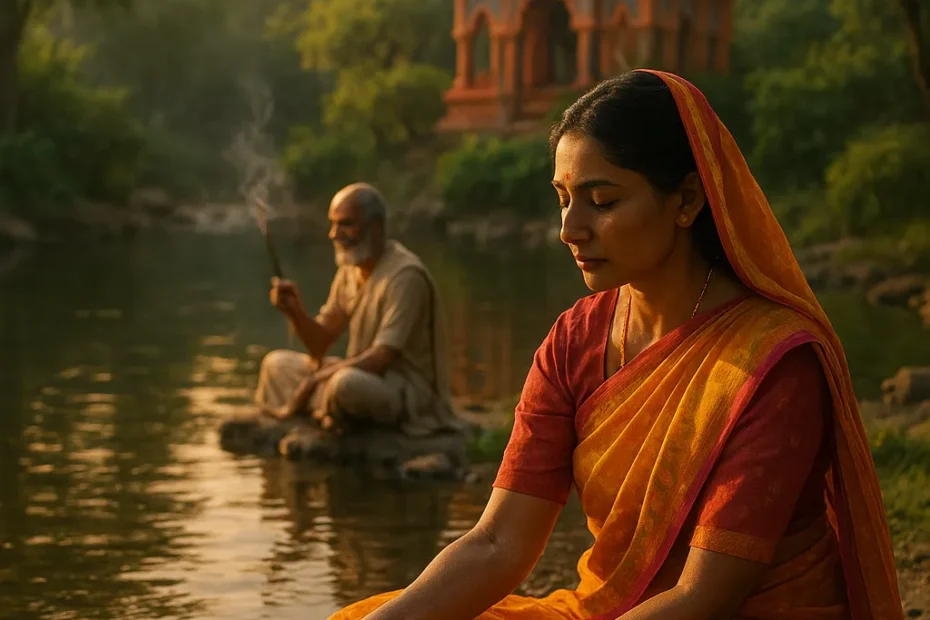 Imagem realista que representa a espiritualidade do Hinduísmo, com elementos da natureza, cores vibrantes e pessoas em meditação ou oferenda, refletindo a essência dessa tradição milenar.