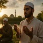 Imagem serena e realista representando a espiritualidade do Islamismo com natureza, pessoas em contemplação e atmosfera de paz — ideal para ilustrar conteúdos sobre fé islâmica.