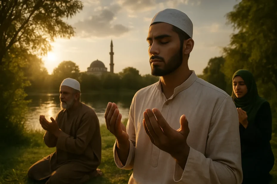 Imagem serena e realista representando a espiritualidade do Islamismo com natureza, pessoas em contemplação e atmosfera de paz — ideal para ilustrar conteúdos sobre fé islâmica.