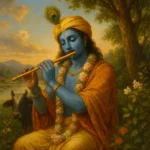 Representação simbólica de Krishna em meio à natureza, expressando sua divindade, alegria, sabedoria e conexão com o amor espiritual.