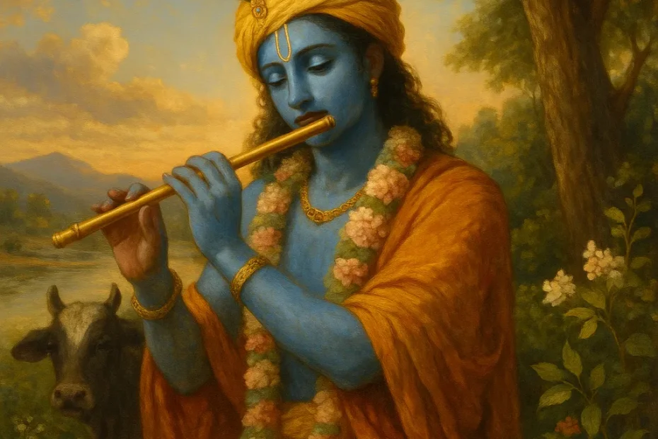 Representação simbólica de Krishna em meio à natureza, expressando sua divindade, alegria, sabedoria e conexão com o amor espiritual.