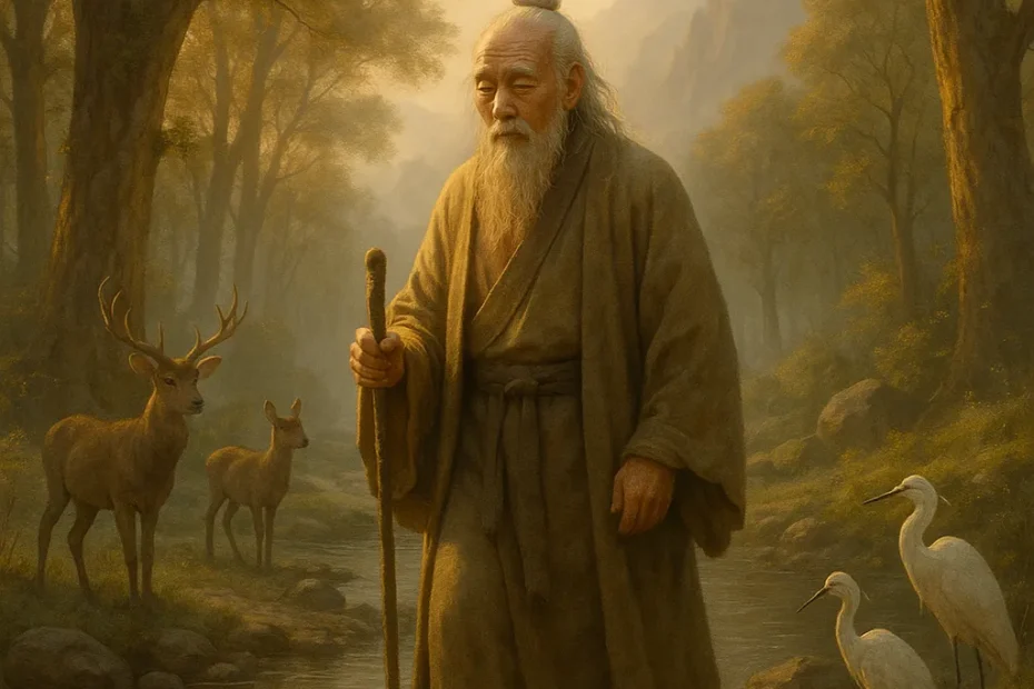 Representação serena de Lao Tsé em meio à natureza, simbolizando sabedoria, fluxo do Tao e harmonia com a vida. Uma visão espiritual e atemporal.
