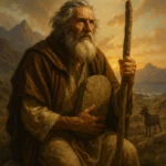 Representação simbólica de Moisés em cenário natural, evocando sua liderança espiritual, o chamado divino e a travessia rumo à liberdade do povo hebreu.
