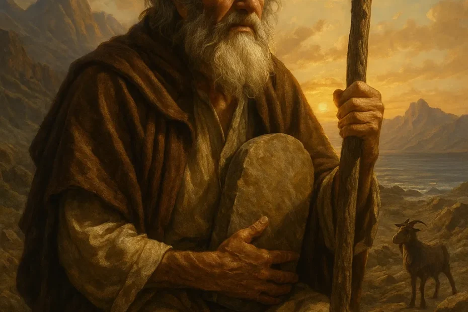 Representação simbólica de Moisés em cenário natural, evocando sua liderança espiritual, o chamado divino e a travessia rumo à liberdade do povo hebreu.
