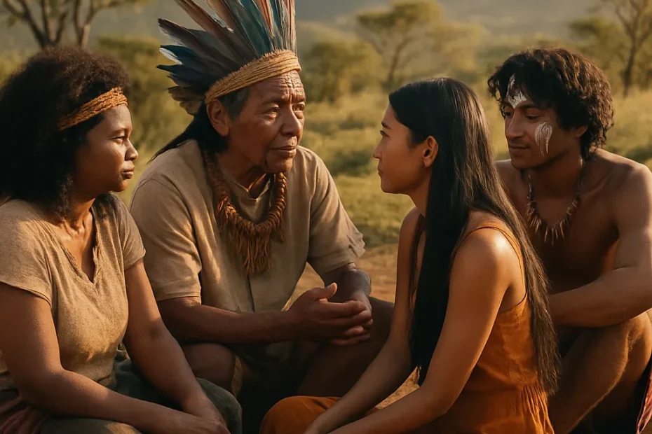 Pessoas de diferentes etnias reunidas em ambiente natural, representando a diversidade e espiritualidade das religiões étnicas e tribais, em harmonia com a natureza.