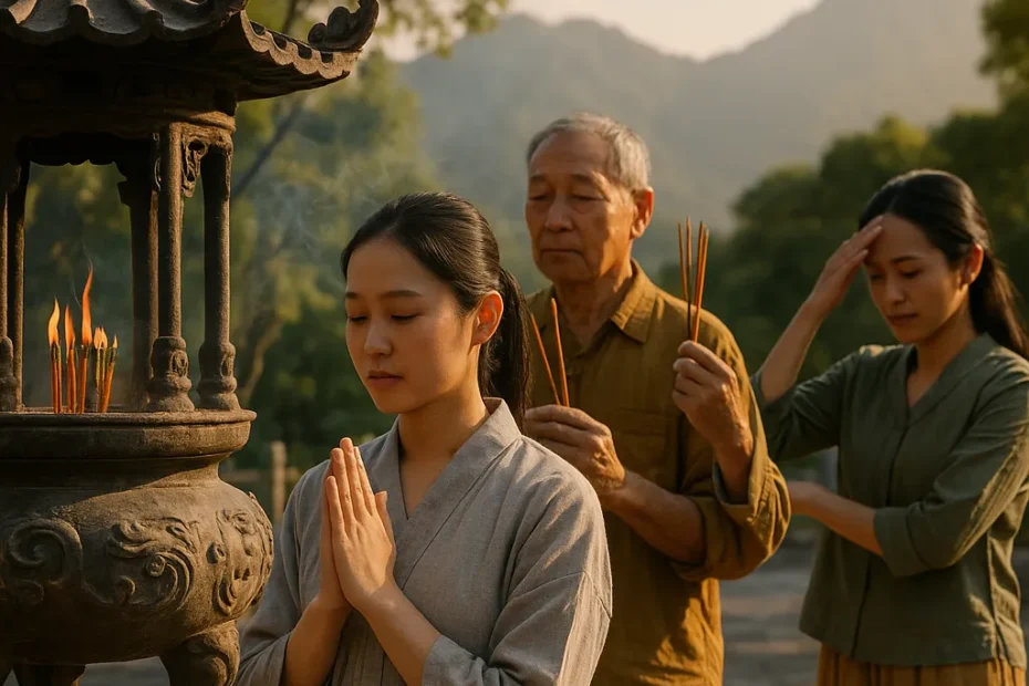 Imagem realista representando a diversidade espiritual das religiões tradicionais chinesas, com pessoas em ambiente natural, praticando meditação, contemplação ou rituais culturais ancestrais.