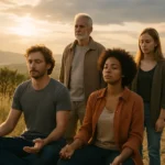 Imagem realista retratando a diversidade de pessoas sem religião, incluindo ateus, agnósticos e espirituais livres, em harmonia com a natureza e em atitude contemplativa.