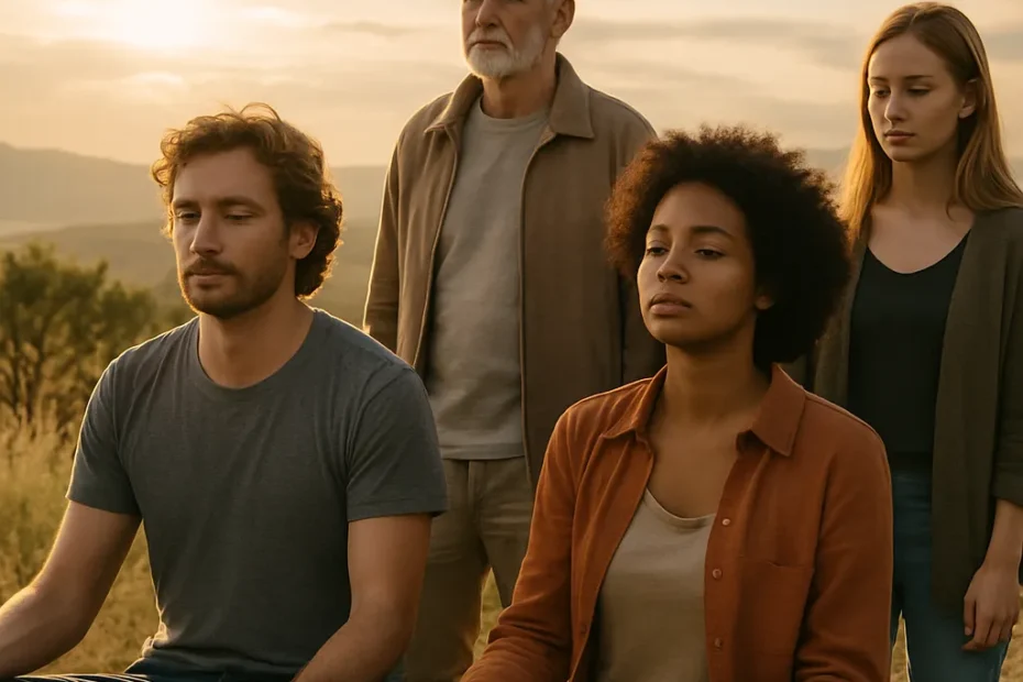 Imagem realista retratando a diversidade de pessoas sem religião, incluindo ateus, agnósticos e espirituais livres, em harmonia com a natureza e em atitude contemplativa.